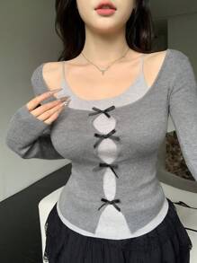 DAZY Damen 2-in-1 Design mit Hohlmuster Figurbetonter Langarm Pullover, Herbstmode für Frauen