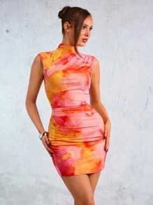 SHEIN SXY Noworoczna Elegancka Seksowna Nocna Sukienka Musi Mieć Walentynki Żółta Drukowana Siatkowa Plisowana Bez Rękawów Wysoki Dekolt Mini