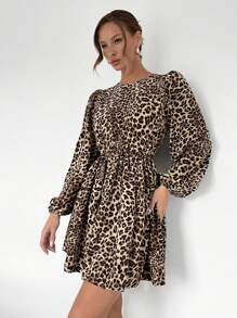 SHEIN Essnce 女士休闲长袖豹纹连衣裙，背面带蝴蝶结装饰，适合秋冬季休闲日常穿着圣诞女装 - 彩色 - 查看 7