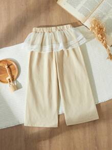 Blossori Young Girls Elegant Khaki Lace Trim Woven Wide-Leg Pants With Overexaggerated Skirt Hem, Autumn/Winter - Khaki - View 2