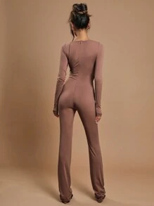 COSMINA Macacao Casual Feminino com Decote Oco, Cintura Franzida, Marrom, Ajuste Slim - Castanho - Visão 2