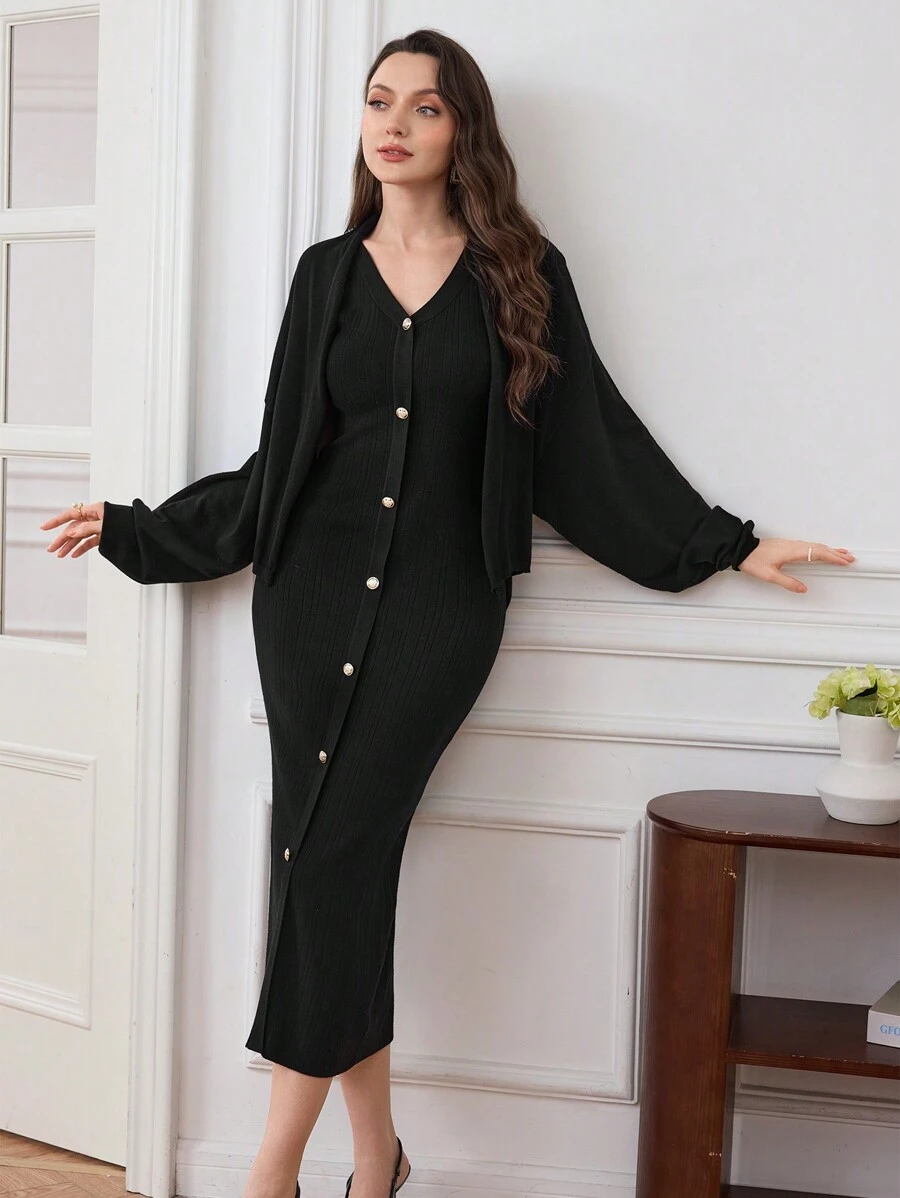 Modelyn 2 Pieces Set: Waist-Cinched Halter Neck Dress & Short Cardigan Outerwear, Elegant 2 Pieces Set - Black - View 1