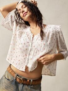 Bohemela 休闲编织图案彼得潘领宽松短袖女式衬衫 - 白色 - 查看 2