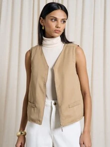 AiiRZ Lightweight Quilted Vest Padded Gilet Sleeveless Outerwear Fall Winter Layering Double Pocket Zip Front Casual Everyday Classic - Khaki - View 1