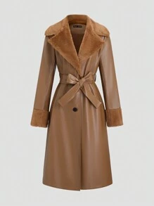 SHEIN Unity Women's Long Sleeve Maxi Fluffy & PU Leather Panel Trench Coat, Autumn/Winter - Mocha Brown - View 1