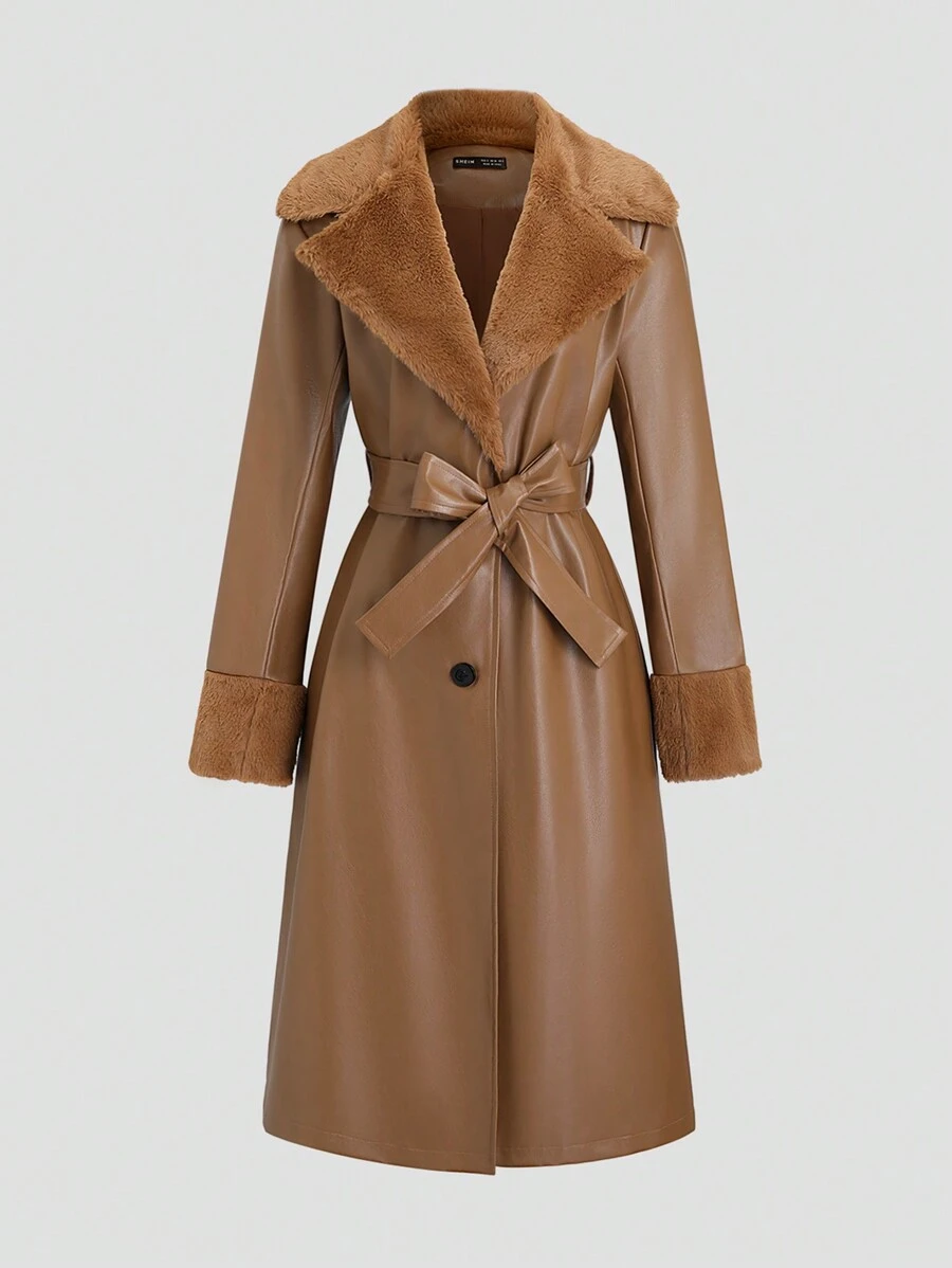 SHEIN Unity Women's Long Sleeve Maxi Fluffy & PU Leather Panel Trench Coat, Autumn/Winter - Mocha Brown - View 1