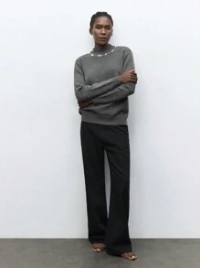 Maija Women's Gray Casual Rhinestone Collar Loose Long Sleeve Sweater Top, Versatile Minimalist Style Suitable For Daily Wear And Party, Early Spring