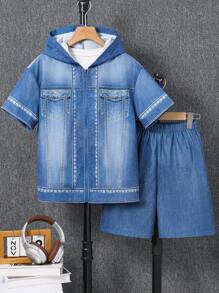 Ensemble adolecent 2 pièces, T-shirt graphique avec visage souriant graffiti et effet denim + short à taille élastique. Convient pour l'automne, le printemps, l'été, les activités extérieures, l'école, le streetwear, les fêtes et les loisirs à la maison - Multicolore - Voir 5