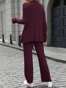 SHEIN LUNE Bộ 2 món áo nữ tay raglan dài tay và quần ống rộng xẻ tà, thích hợp mặc mùa thu/đông, ngày lễ tình nhân. - Màu Đỏ Sâu - Xem 2