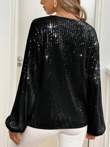 EMERY ROSE 女士优雅亮片灯笼袖圆领派对衬衫，长袖衬衫，适合秋冬季