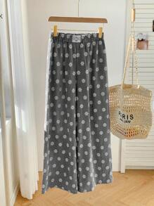 Comfortcana Plus Size Ditsy Floral Plaid Print Elastic Waist Patch Casual Pants - Black - View 5