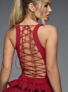 MISSGUIDED Halloween Party Mini Dress With Tiered Ruffle Skirt Square Neck Lace Up Back Design Bodycon Fit Evening Holiday Glamour Statement - Burgundy - View 8