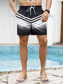 Surfspeed Men's Contrast Stripe Gradient Drawstring Waist Beach Shorts - Black - View 4