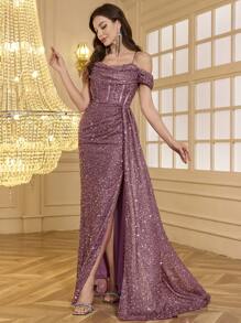 Strapless Back Cross-Tie Backless Design, Fishbone Slit Front, Lengthen Leg Line, High-End, Elegant Glittery Cocktail Dress Formal Evening Prom Wedding Guest Gown, For Graduation, Dinner Party Dress - Dusty Pink - View 4