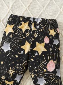 2 sztuki/zestaw Modny kombinezon dla dziewczynki w minimalistycznym stylu "Mój pierwszy nowy rok" z kokardą i nadrukiem z długim rękawem oraz rozszerzanymi nogawkami ze wzorem balonów i fajerwerków, odpowiedni na wiosnę i jesień