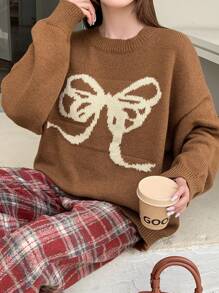 DAZY Suéter holgado de cuello redondo con estampado de lazo para mujer, otoño e invierno - Caqui - Ver 3