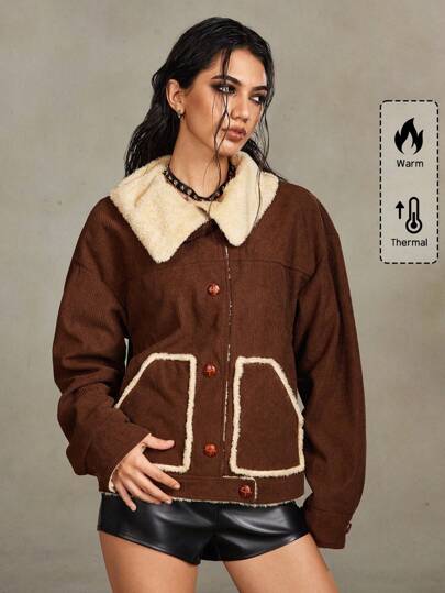 Grunge Punk Vintage Corduroy & Faux Fur Patchwork Women Jacket, Autumn/Winter