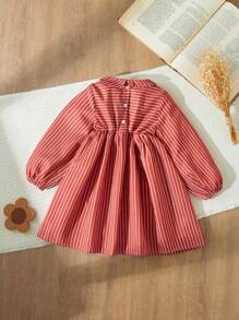 Blossori Young Girl Peter Pan Collar Long Sleeve Striped Minimalist Casual Dress, For Christmas - Red - View 2