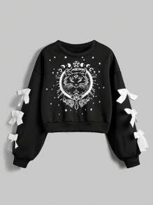 ROMWE Goth Sudadera con capucha de forro polar con estampado de gato misterioso y decoración de lazo - Negro - Ver 1