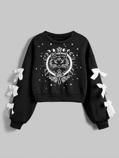 Goth Mysterious Cat Print With Bow Decor Pullover Fleece Hoodie
