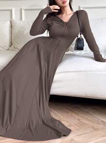 Mulvari Women's Elegant Solid Waist-Cinching Extra Long Dress, Autumn