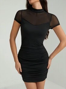 SHEIN Tall 女士立领短袖网眼拼接黑色紧身连衣裙 - 黑色 - 查看 5