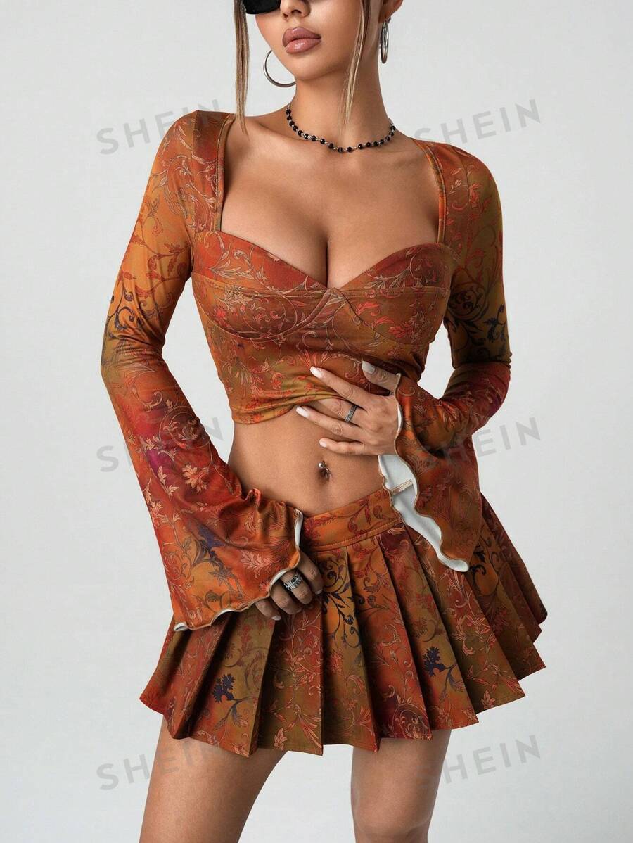 SHEIN ICON Conjunto de 2 piezas de top con mangas abombadas largas y cuello de diamante, y falda plisada, con estampado, de estilo Y2K boho para Año Nuevo