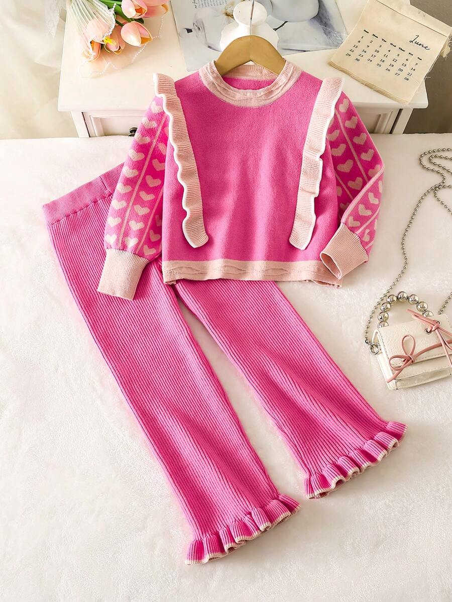 SHEIN Young Girl Sweater Set, New Autumn/Winter Style, Pink Ruffle Heart Design, Suitable For Various Occasions Such As Home, Outings, Shopping, Parties, Christmas Parties, New Year And Etc.