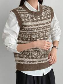 Dazy-Less Women Retro Argyle Knitted Vest,Fall Clothes Christmas,New Year - Brown - View 7