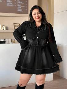 SHEIN EZwear 大码纯色休闲牛仔连衣裙，简约时尚日常穿着 - 黑色 - 查看 4