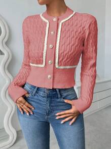 Chiquease Twist Knot Metallic Thread Woven Cropped Cardigan Fall Cloth For Women - Pink - View 5