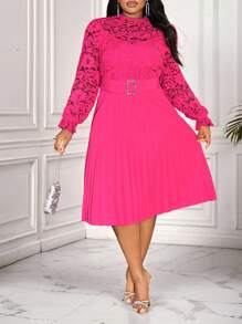 Slaydiva 大码女式优雅洋红色纯色蕾丝镂空褶皱长袖派对连衣裙 - 玫紅色 - 查看 1