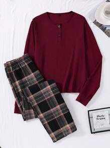 2 pezzi Set pigiama casual per ragazze e adolescenti, con top a maniche lunghe a costine e pantaloni a quadri, adatto per autunno/inverno - Multicolore - Visualizzare 3