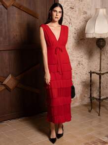 VERO DIAZ 设计师优雅红色雪纺褶皱 V 领无袖鸡尾酒会长裙、节日装、春夏装、节日、狂欢装 - 紅色 - 查看 1