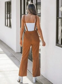 SHEIN LUNE Mono casual de mujer con cremallera frontal y cinturón de cuerda marrón