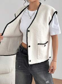 Chiquease Chaqueta casual sencilla de mujer con bolsillo delantero con botones y parche de unicolor - Albaricoque - Ver 6