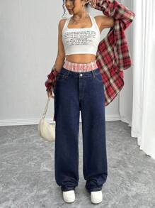 SHEIN SXY Jeans vaqueros de cintura doble a cuadros casuales, apropiados para salir y volver al colegio - Azul - Ver 3