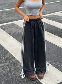 SHEIN EZwear 女式新款星空图案拼色腰带裤 - 黑色 - 查看 5