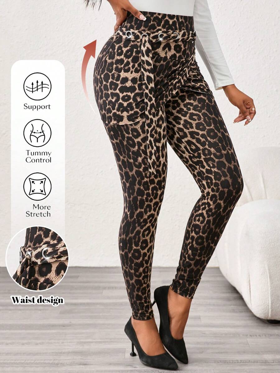 SHEIN Lady Brown Leopard Print Check Decorative Women's Slim Leggings Skirt Wrap Design Women's Leggings