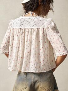 Bohemela 休闲编织图案彼得潘领宽松短袖女式衬衫 - 白色 - 查看 3