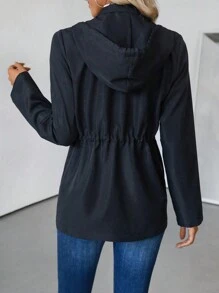 SHEIN Clasi Women's Casual Solid Color Drawstring Waist Hooded Jacket, Autumn - Black - View 2