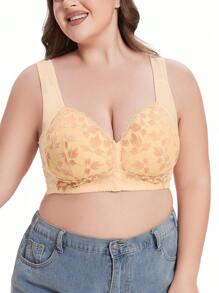 Plus Size Lace Splice Mesh Front Hook Closure Wireless Lingerie Bra Set - Multicolor - View 3