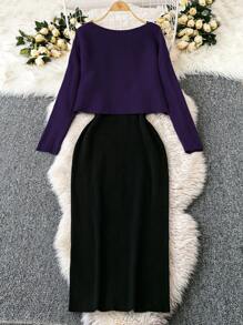 SHEIN Clasi Plus Size Sweater Set - Solid Color Crew Neck Pullover & Skirt - Purple - View 2