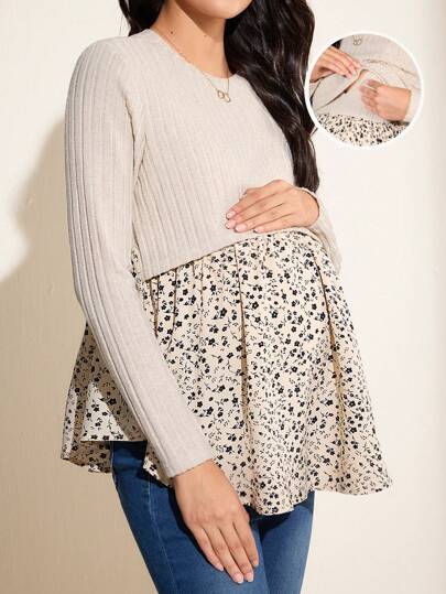 SHEIN 孕妇拼色长袖哺乳 T 恤，秋季