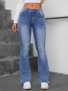 SHEIN ICON 蝴蝶刺绣洗水弹力喇叭牛仔裤 - 淺色水洗藍 - 查看 5