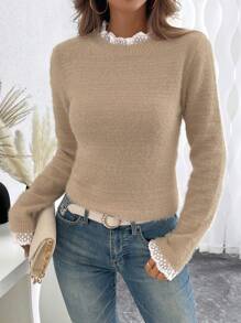 SHEIN LUNE 欧美风甜美蕾丝领3D柔软仿貂毛套头毛衣，秋冬百搭针织套头衫 - 卡其色 - 查看 3