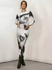 MaterniChic Vintage Portrait Print Long Sleeve Mesh Slim-Fit Bodycon Dress, For Pregnant Women, Autumn