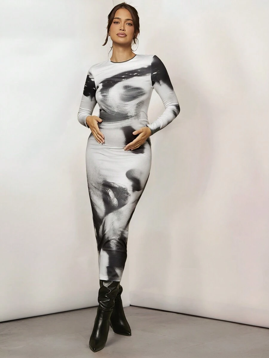 MaterniChic Vintage Portrait Print Long Sleeve Mesh Slim-Fit Bodycon Dress, For Pregnant Women, Autumn