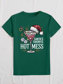 INAWLY Women's Casual Round Neck Short Sleeve T-Shirt With Christmas Wine Glass And Letter Print, Graphic Tees, Women Holiday Tops
