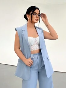 SHEIN SXY Women's Solid Color Lapel Sleeveless Casual Blazer, Autumn - Dusty Blue - View 3